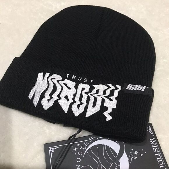 Killstar Trust Nobody Beanie – Black Acrylic Knit, White Embroidery, Unisex Hat - Picture 3 of 4